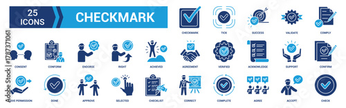 Checkmark icon set. Containing check, accept, agree, selected, confirm, approve, correct, complete, checklist, and verified icons. Solid icon collection.
