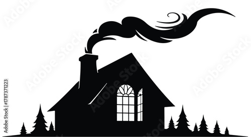 Cozy silhouette of a house with smoke billowing from chimney, surrounded by trees