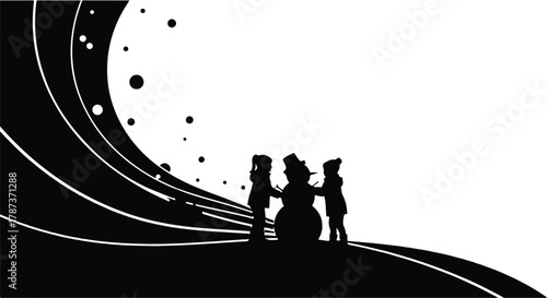 Children building a snowman together on a snowy winter day, creating happy memories.