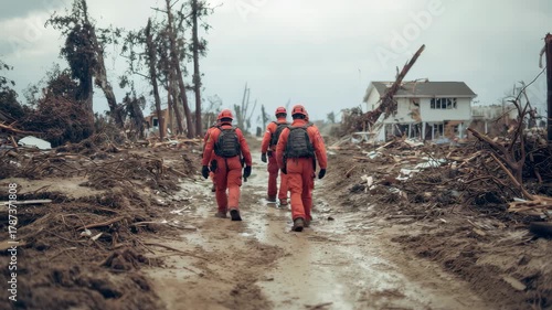 Disaster response team members walk through debris to provide essential aid and support to affected communities after a devastating storm in the aftermath of a natural disaster