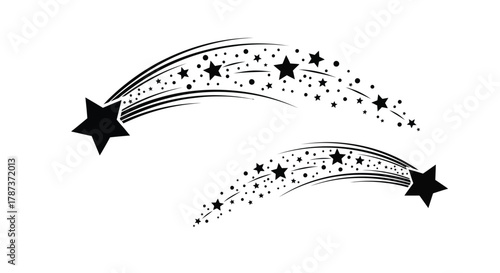 Shooting Stars or Comet Tails Black Vector Silhouette Set