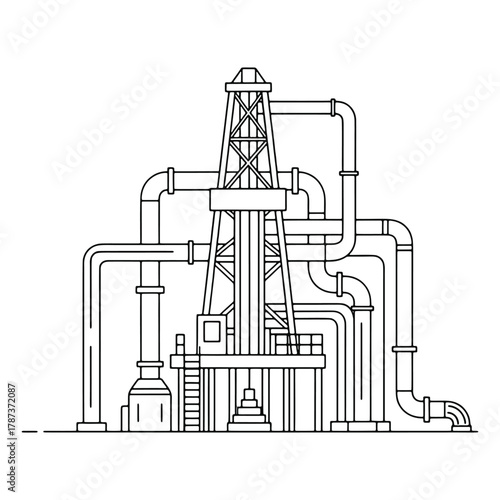 Vector outline of an oil and gas drilling rig and connected pipeline infrastructure