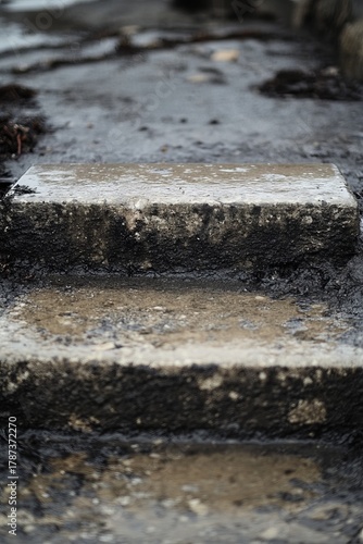 Two steps of light gray concrete stairs, coated in dark mud and wet