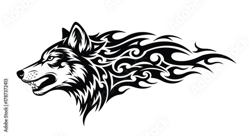 Stylized Wolf Head with Tribal Flame or Fire Tattoo Design