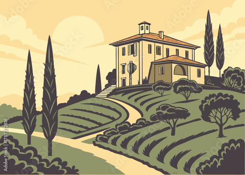 Illustration of a villa on a hill with cypress trees and a winding path under a bright sunlit sky created with generated ai