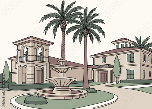 Illustration of a large house with a fountain and palm trees in the front yard on a sunny day created with generated ai