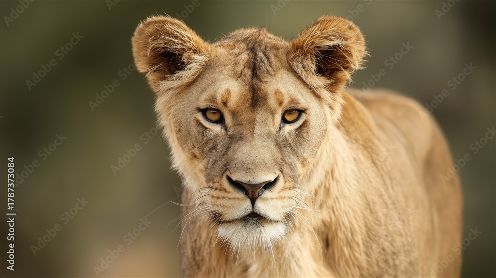 Fototapeta premium ferocity. Lioness with a focused gaze and detailed fur, bathed in golden savanna light with a natural habitat backdrop. wildlife magazines.