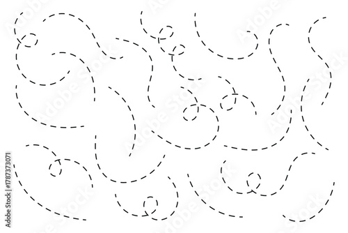 Hand drawn dotted line vector set . Hand sketched curly border. Minimalist looping squiggle line collection. Decorative swirl and border element. Dotted spiral curvy line . eps 10 