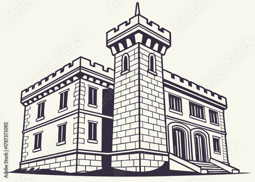 Illustration of a large stone building with a tower and crenellations in black and white style art created with generated ai