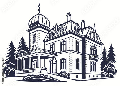 Illustration of a detailed mansion with a dome and trees in a monochrome color scheme design style created with generated ai