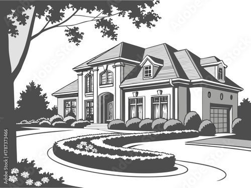 Illustration of a two story house with a curved driveway and manicured landscaping in black and white style created with generated ai
