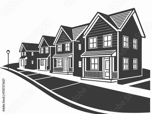 Illustration of a row of houses along a street with a lamppost in a monochrome color scheme design created with generated ai
