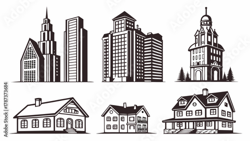 Illustration showcasing various architectural styles including skyscrapers and residential houses nicely drawn created with generated ai