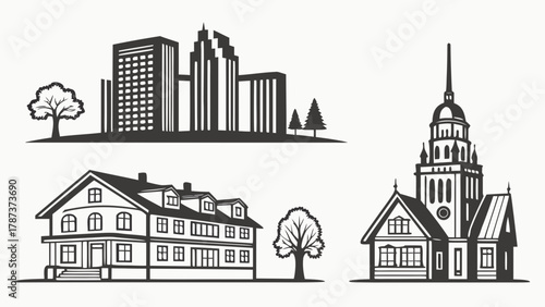 Illustration of city skyline, houses, and church with trees in a monochrome vector design created with generated ai