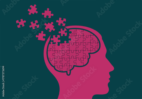 Mental health breakdown concept illustration of human head puzzle brain dissolving and falling apart