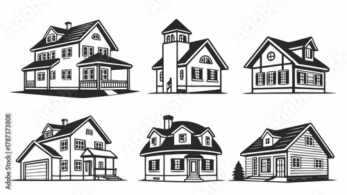 Illustration of six different house designs in black and white with varying architectural styles shown created with generated ai