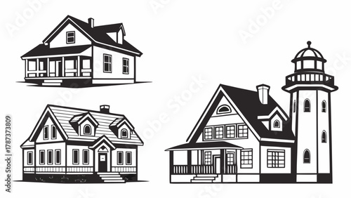 Illustration of three houses including a lighthouse house in black and white style drawing art created with generated ai