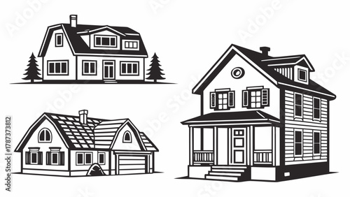 Illustration of three different styles of houses with trees rendered in black and white vector format created with generated ai
