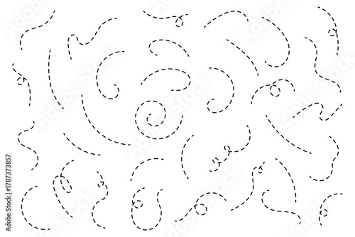 Hand drawn dotted line vector set . . Hand sketched curly border. Minimalist looping squiggle line collection. Decorative swirl and border element. Dotted spiral curvy line. eps 10