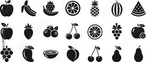 Fruit icons collection. Black silhouette set of common fruits—apple, bananas, strawberry, orange slice, pineapple, watermelon whole and slice, cherries, blueberries, grapes, mango, melon, peach, pear,