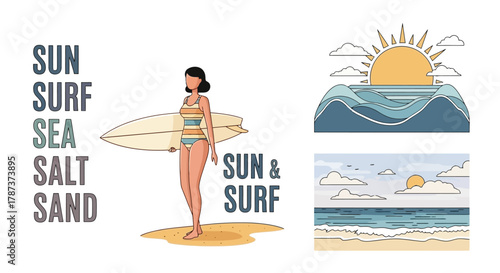 Summer Getaway Surfing Girl and Beach Scenery Illustrations