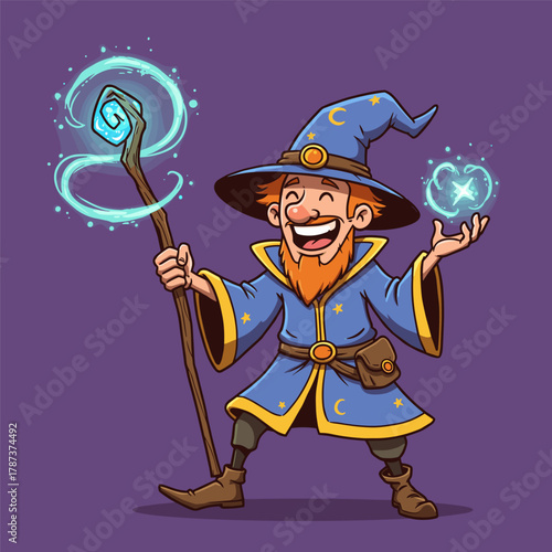 Happy cartoon wizard with a red beard, blue robe, and magic staff conjuring glowing spells.