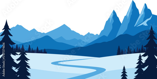 Winter mountain landscape with pine forest and winding river. Blue monochrome alpine scene with snowy peaks, conifer trees and wide snowfield; clean minimal background; flat illustration.