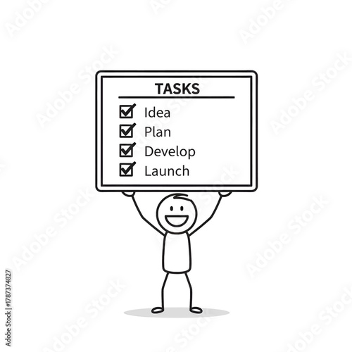 Stick figure showing a task board with completed checklist items. Concept of accomplishment, focus, and business productivity.