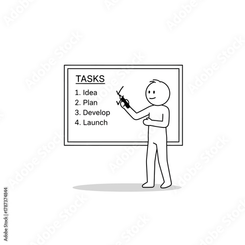 Stick figure presenting a task board with checklist items. Represents organization, startup planning, and goal setting.