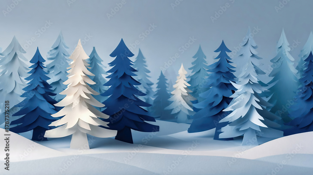 Obraz premium White and blue paper cut fir trees standing in row in winter forest