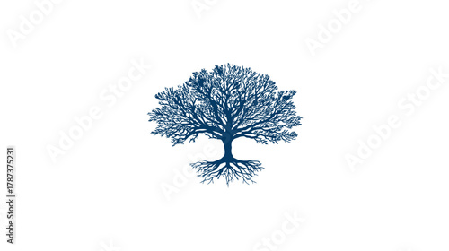 Detailed blue tree illustration with intricate roots and bare branches, symbolizing nature, growth, and stability