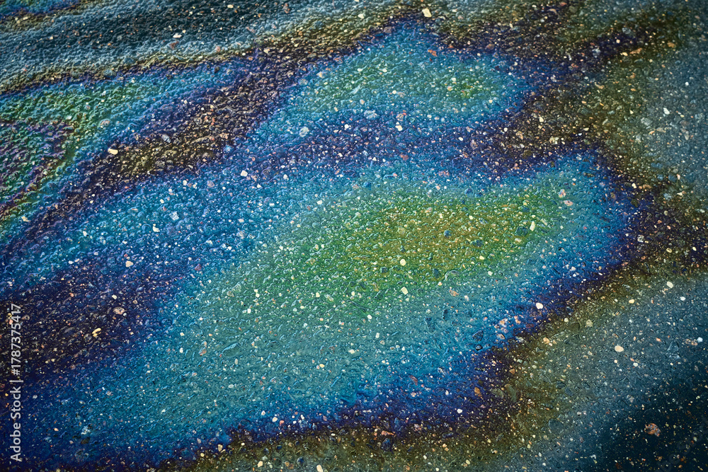 Fototapeta premium Oil slick on asphalt creating colorful iridescent patterns, symbolizing pollution and environmental impact.