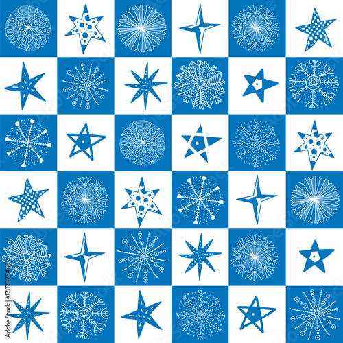 Stars and snowflakes. Christmas holiday seamless pattern in modern geometric style. Design template can be used for wallpaper, pattern fills, web page background, surface textures.