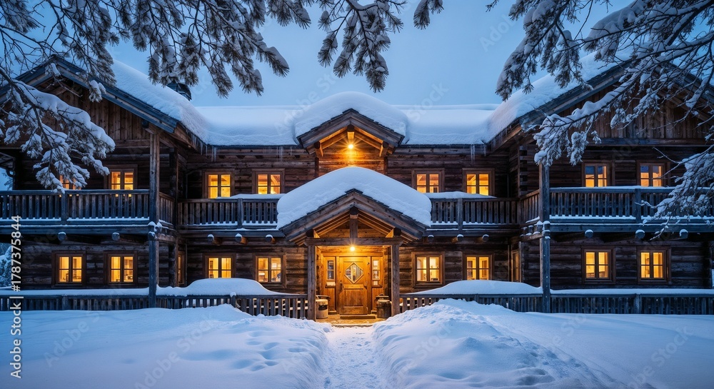 Fototapeta premium Charming Old Ski Lodge Exterior Covered in Snow at Dusk for Travel Blogs, Winter Retreat Websites, Ski Resort Promotions, and Holiday Marketing Content