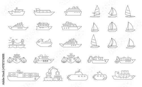 Variety of boat and ship icons in simple outline design for diverse graphics and projects