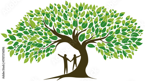 Vibrant green tree illustration with people holding hands, symbolizing nature, community, family, growth, and environmental support.