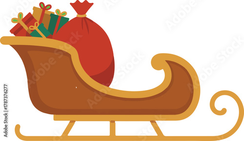 Christmas vector sleigh loaded with a sack of gifts and wrapped presents for holiday delivery