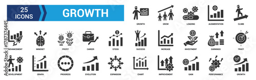 Growth icon set. Containing performance, gain, improvement, grow, chart, increase, evolution and development icons. Glyph icon collection. Vector illustration.