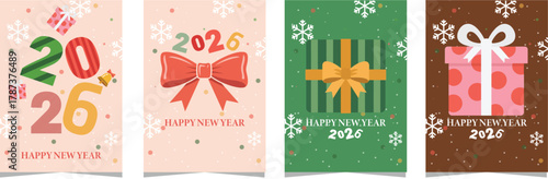 Set of 4 • 2026 Happy New Year Cards | Festive Gift Box & Bow Greeting Card Templates with Snowflakes, Printable PNG