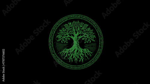 Intricate Green Tree of Life Symbol with Roots and Branches in a Circular Ornate Frame on Black Background, Spiritual Mythology Emblem