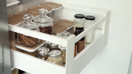 Close-up of female hands opening spice drawer. Storing spices in the kitchen. Home routine. 4k footage.