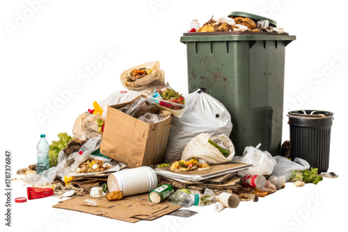 Overflowing garbage bin with scattered refuse and plastic bags