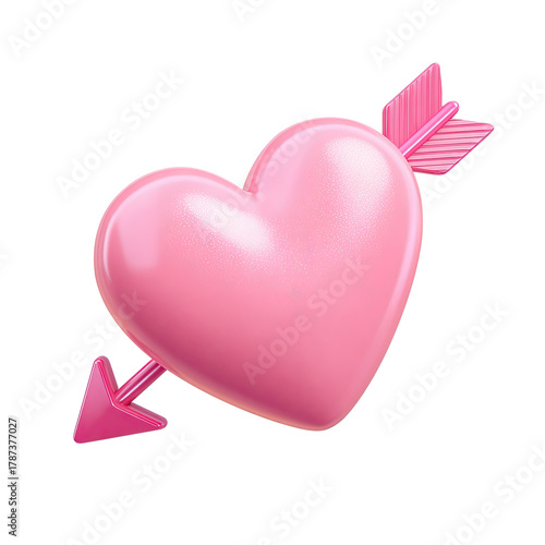 A glossy pink heart pierced by an arrow 3d render on transparent background