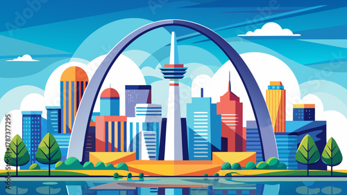 Very beautiful minimal vector skyline design of the St. Louis Gateway Arch, featuring clean lines, simple geometric shapes, and a modern elegant composition on a clear background.