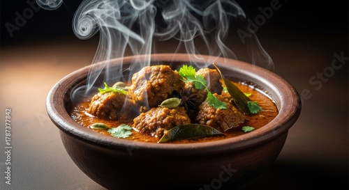 Fototapeta Naklejka Na Ścianę i Meble -  Steaming Hot Chicken Curry Bowl with Fresh Herbs and Rich Sauce.