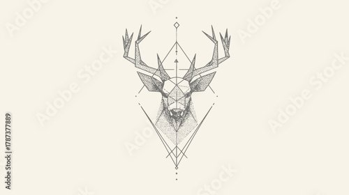 Geometric deer head illustration with elegant antlers in a minimalist polygon line art style, abstract animal art, digital drawing.