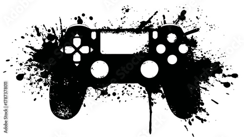 Grunge Video Game Controller Silhouette with Ink Splatter Effect. Modern Gamepad Graphic for Gaming & Technology Concepts.