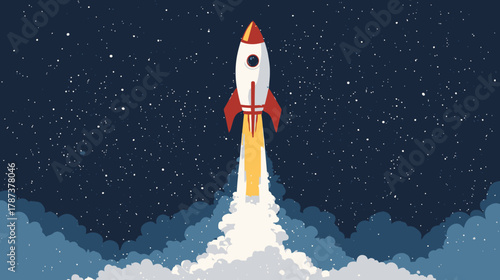 Cartoon rocket launching into starry night sky with smoke trail, symbolizing business growth, startup success, and innovation