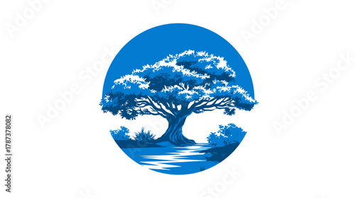 Majestic blue tree and flowing river illustration within a circular frame, vector graphic representing nature, environment, growth, and serenity.