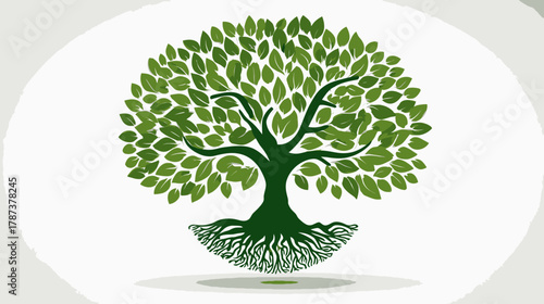 Stylized green tree with intricate roots and lush foliage, symbolizing nature, growth, strength, and environmental sustainability